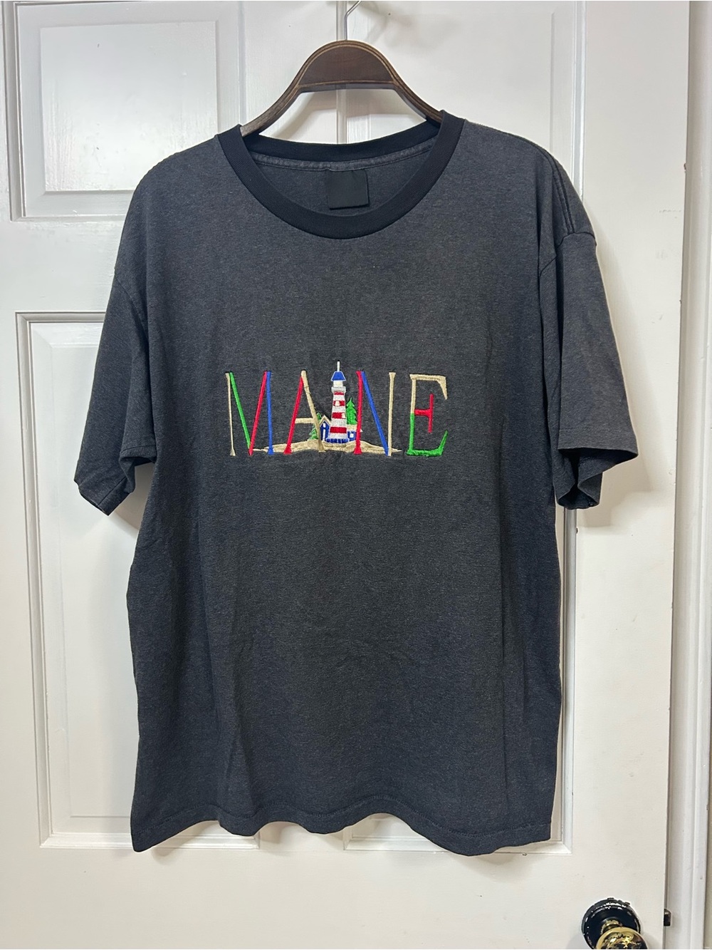 Vintage Embroidered Maine Charcoal Crewneck Tee with Subtle Texture